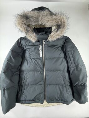 Reebok NFL Raiders Heavy Puffer Jacket Black Faux Fur Hood Mens XL Y2K Vintage
